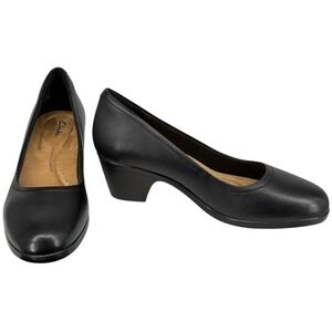 Clarks Emily2 Ruby Black Leather Block Heel Pumps Size 7.5 2 1/8 Heel NIB